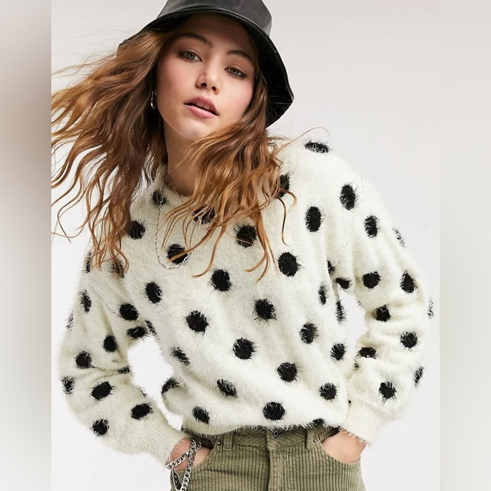 💜Wednesday’s Girl Jumper In Fluffy Spot Knit For Women Cream Black Spot size L